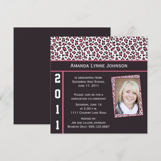 Roze en Bruine Leopard Print Afstuderen Uitnodigin Kaart (Voorkant / Achterkant)