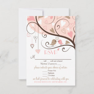 Roze en Bruine Liefdesduifjes RSVP Trouwkaart Kaartje