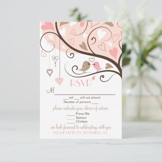 Roze en bruine Lovevogels RSVP Wedding Kaart (Staand voorkant)