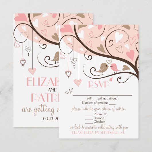 Roze en bruine Lovevogels RSVP Wedding Kaart (Voorkant / Achterkant)