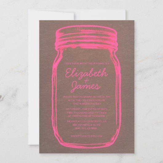 Roze en bruine Mason Jar Wedding Invitations Kaart (Voorkant)