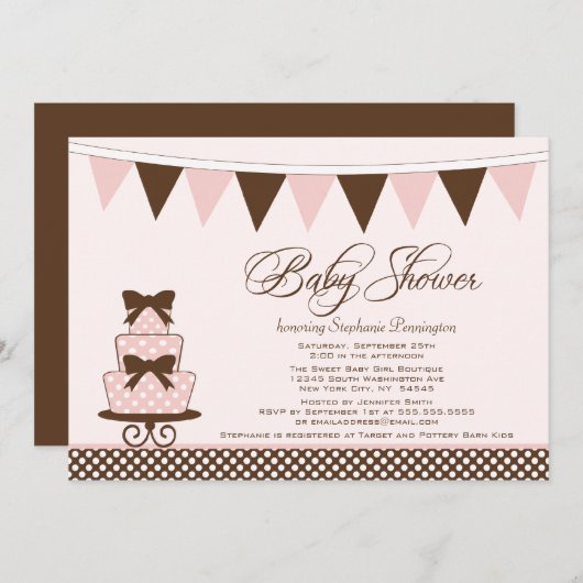 Roze en bruine meisjes baby shower-uitnodiging kaart (Voorkant / Achterkant)