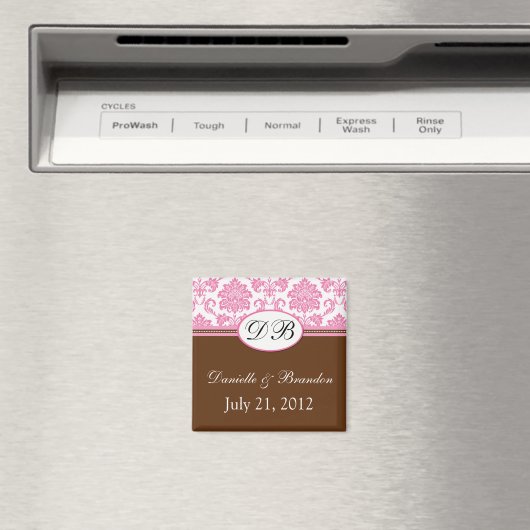 Roze en bruine Monogram Damask Wedding Magnet (Insitu (Vaatwasser))
