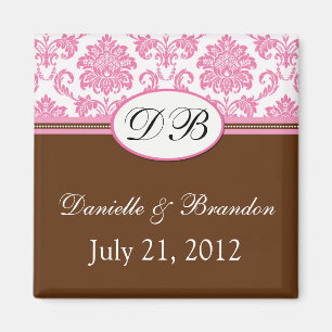 Roze en bruine Monogram Damask Wedding Magnet