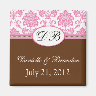 Roze en bruine Monogram Damask Wedding Magnet