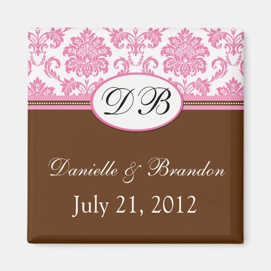 Roze en bruine Monogram Damask Wedding Magnet (Voorkant)