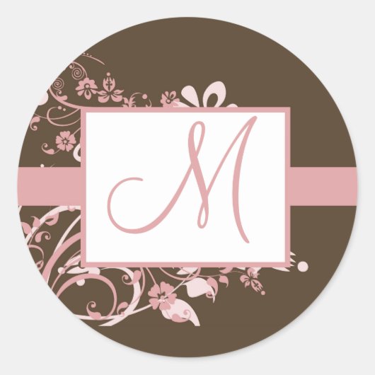 Roze en bruine monogram Weddenkers Ronde Sticker (Voorkant)