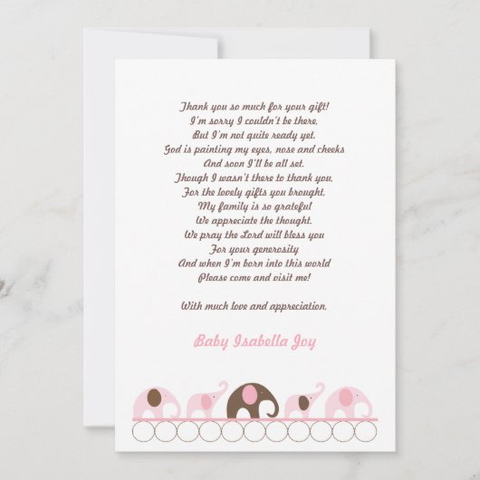 Roze en bruine olifant Dank je wel, noot met gedic Bedankkaart (Voorkant)