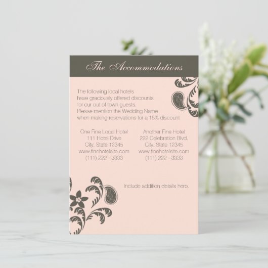 Roze en bruine paisley bloemen informatiekaartje (Staand voorkant)