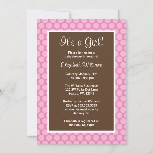 Roze en bruine poka Dots Baby Shower Invitations Kaart (Voorkant)