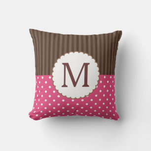 Roze en bruine polka stippen strepen monogram kussen