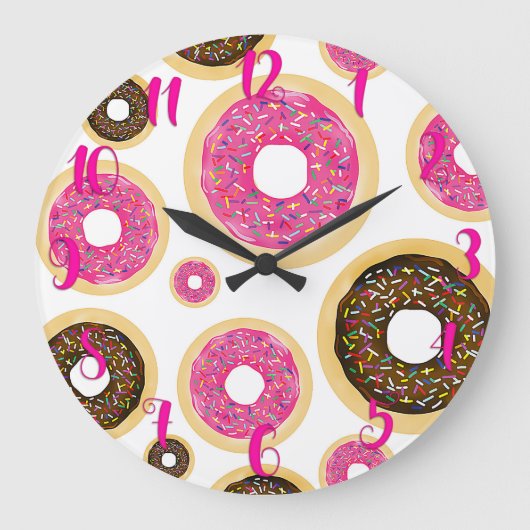Roze en bruine sprinkhanen donuts Modern Fun Cute Grote Klok (Voorkant)
