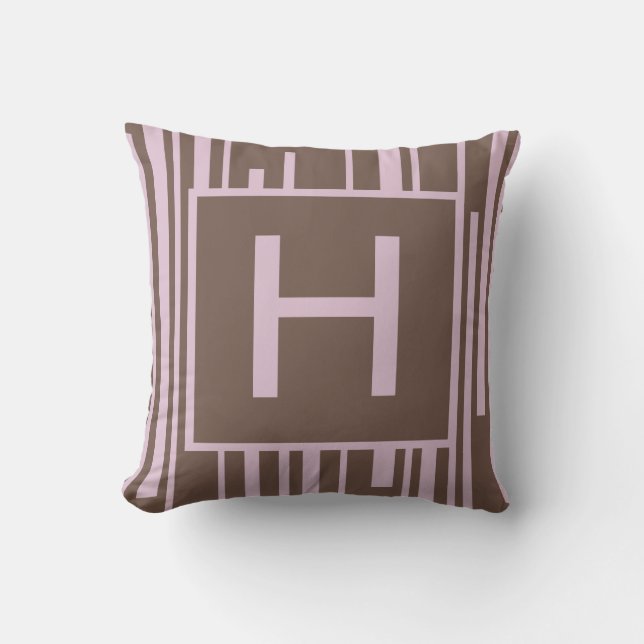 Roze en Bruine Streepletter "H" Sierkussen (Voorkant)