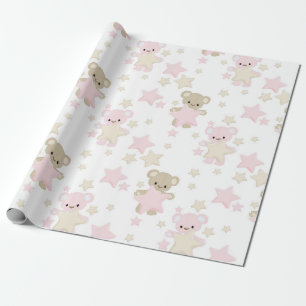 ROZE EN BRUINE TEDDYBEREN MET STERREN CADEAUPAPIER
