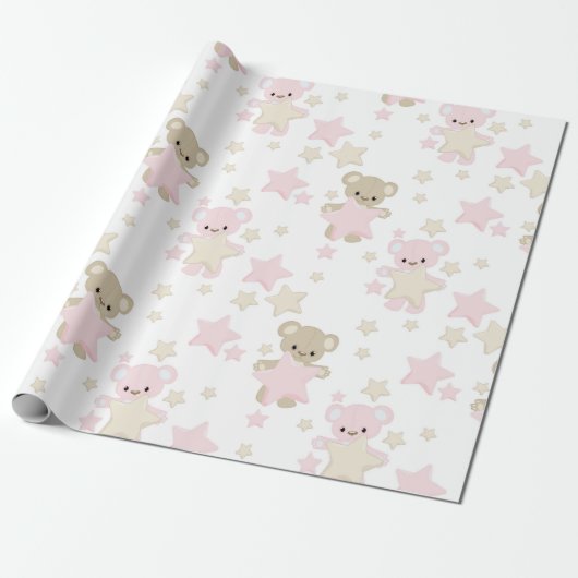 ROZE EN BRUINE TEDDYBEREN MET STERREN CADEAUPAPIER (Uitgerold)