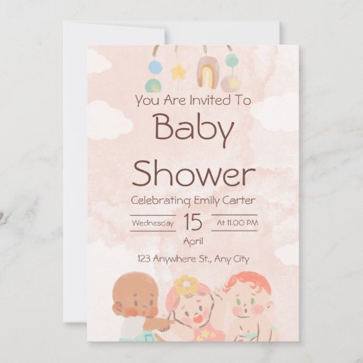 Roze en bruine waterverf babyshower uitnodiging (Voorkant)