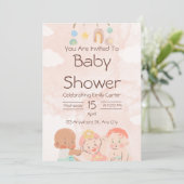 Roze en bruine waterverf babyshower uitnodiging (Staand voorkant)