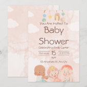 Roze en bruine waterverf babyshower uitnodiging (Voorkant / Achterkant)