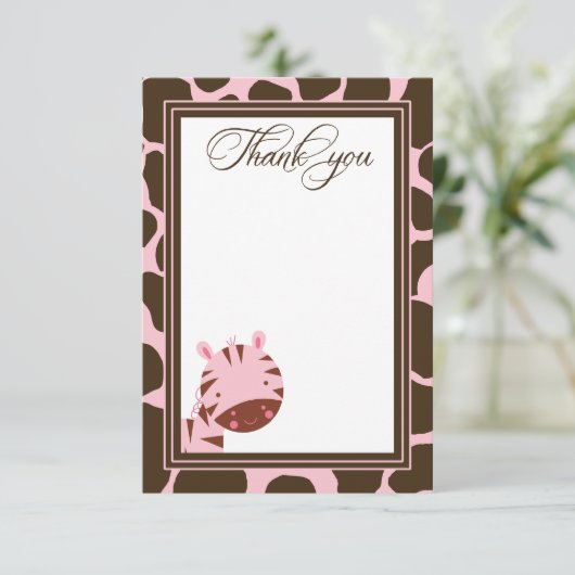 Roze en bruine zebra meisjes dank je platte kaart (Staand voorkant)