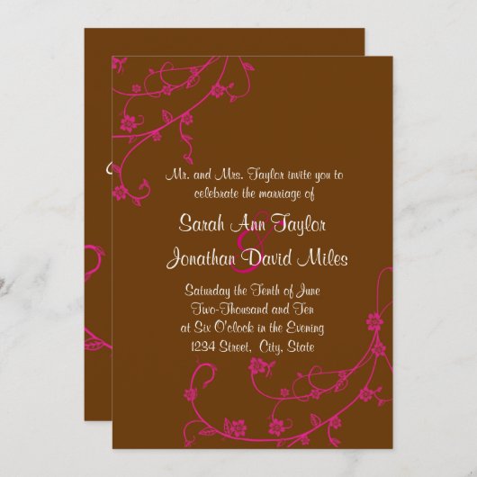 Roze en bruine zweedse bruiloft kaart (Voorkant / Achterkant)