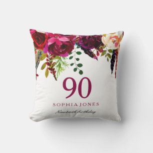 Roze en Burgundy Boho Floral 90th Birthday Gift Kussen