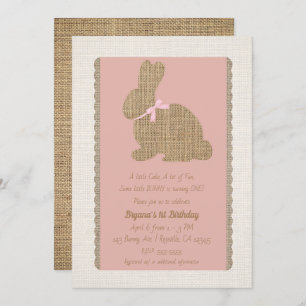 Roze en Burlap Rustic Bunny Easter 1st Birthday Kaart