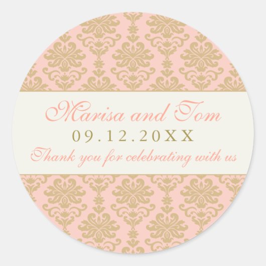 Roze en Champagne Damask Bruiloft Monogram Ronde Sticker (Voorkant)