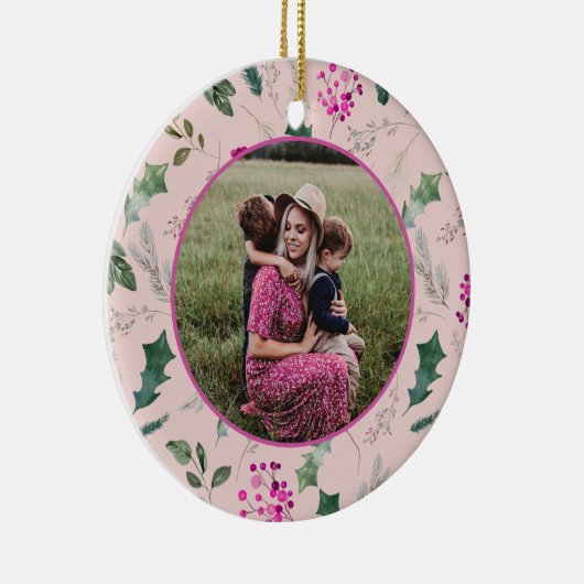 Roze en chique kerstfoto keramisch ornament (Rechts)