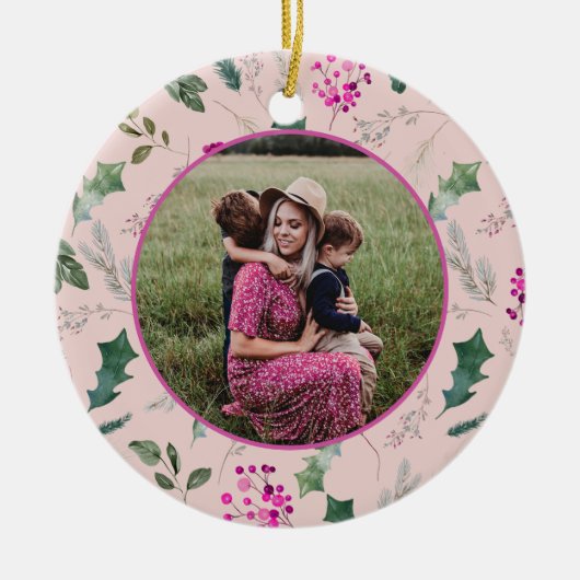 Roze en chique kerstfoto keramisch ornament (Voorkant)