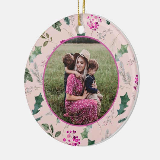 Roze en chique kerstfoto keramisch ornament (Links)
