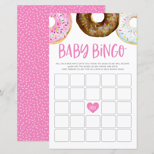 Roze en chocolade Donuts Baby Bingo Game Kaart (Voorkant / Achterkant)