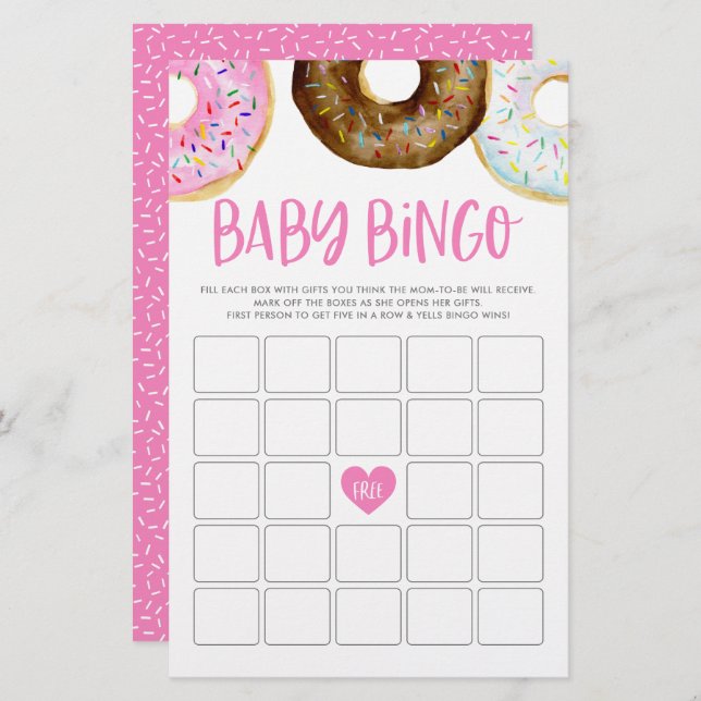 Roze en chocolade Donuts Baby Bingo Game Kaart (Voorkant / Achterkant)