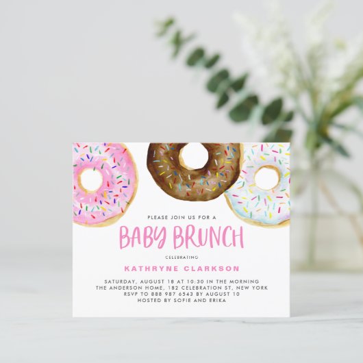 Roze en chocolade Donuts Baby Brunch Invitation (Staand voorkant)