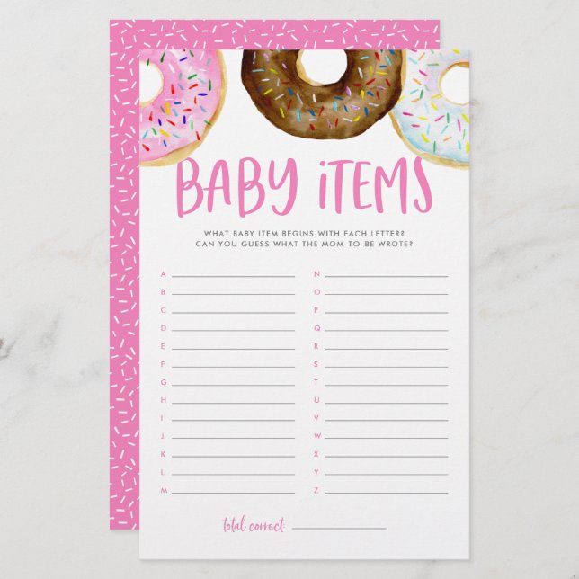 Roze en chocolade donuts Baby Items Shower Game (Voorkant / Achterkant)