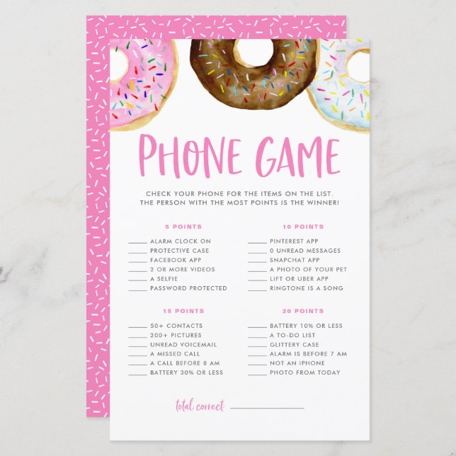 Roze en Chocolade Donuts Baby shower Phone Game (Voorkant / Achterkant)