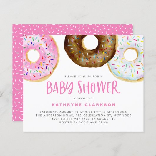 Roze en chocolade Donuts Baby shower Uitnodiging (Voorkant / Achterkant)