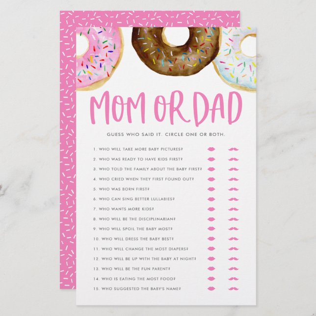 Roze en chocolade Donuts mam of pap Shower Game (Voorkant / Achterkant)