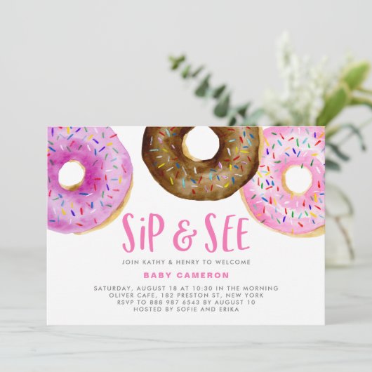 Roze en Chocolade Donuts Sprinkles Sip and See Kaart (Staand voorkant)
