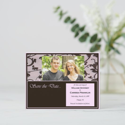 Roze en Chocolade Save the Date bruiloft Kaarten (Staand voorkant)