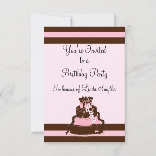 Roze en Chocolade Stripe Birthday Uitnodiging (Voorkant)