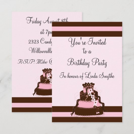 Roze en Chocolade Stripe Birthday Uitnodiging (Voorkant / Achterkant)