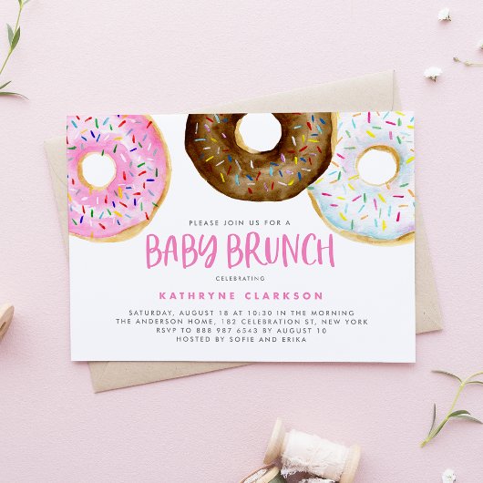 Roze en chocolade Waterverf Donuts Baby Brunch Kaart