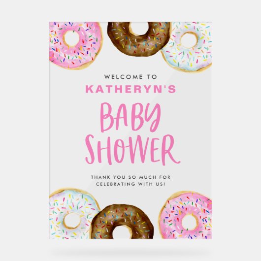 Roze en Chocolate Donuts Baby shower Welkom Acryl Bord (Voorkant)