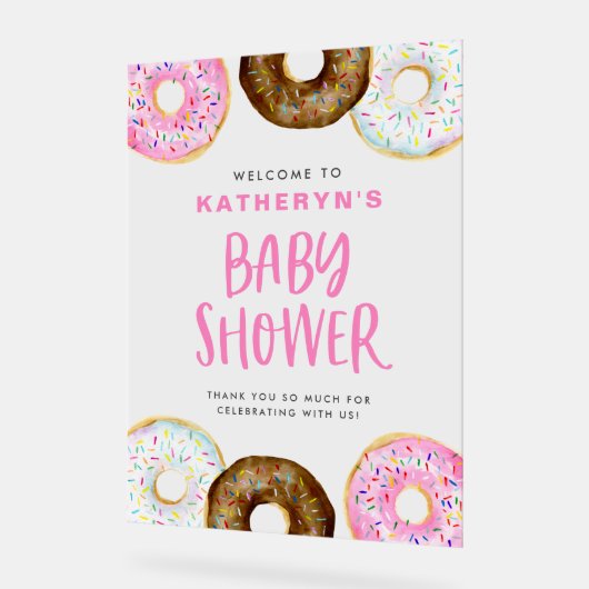 Roze en Chocolate Donuts Baby shower Welkom Acryl Bord (Hoek)