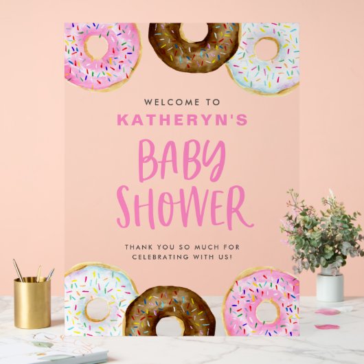 Roze en Chocolate Donuts Baby shower Welkom Acryl Bord (Huwelijk)