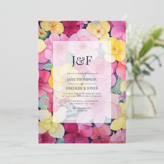 Roze en citroen bloemen bruiloft monogram kaart (Staand voorkant)