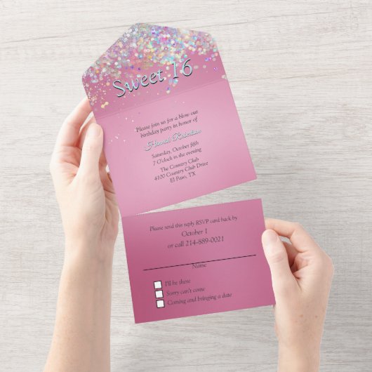 Roze en Confetti Sweet 16 All In One Uitnodiging (Afscheurbaar)