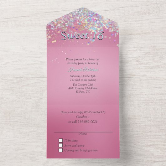 Roze en Confetti Sweet 16 All In One Uitnodiging (Binnen)