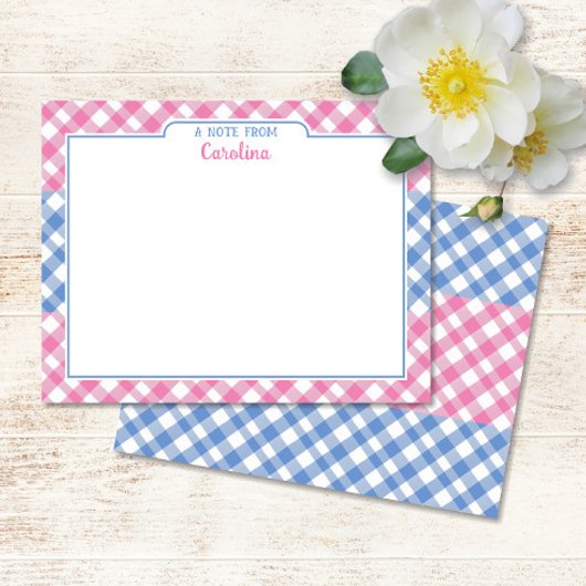 Roze en cornflower Blue Preppy Gingham Stationery Notitiekaartje