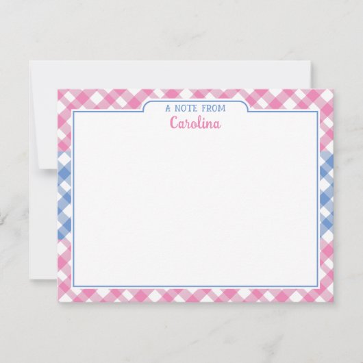 Roze en cornflower Blue Preppy Gingham Stationery Notitiekaartje (Voorkant)